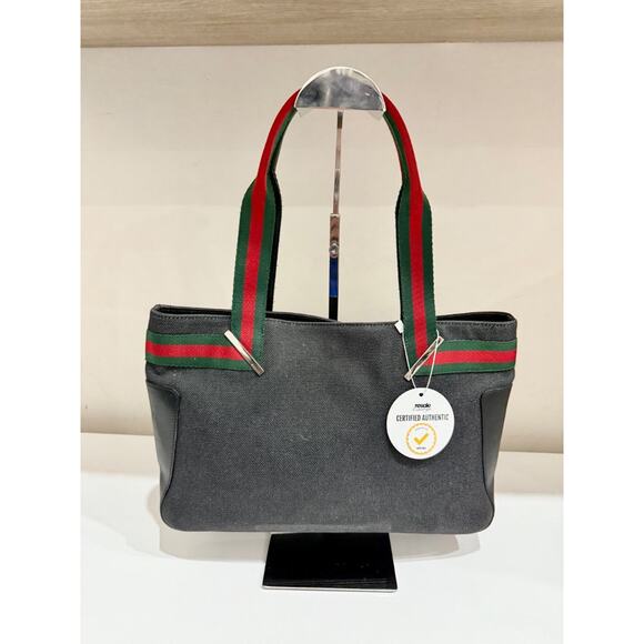 VTG Gucci Web Striped Sherry Line Denim Leather Tote Handbag Dark Blue/Green/Red - Picture 2 of 13